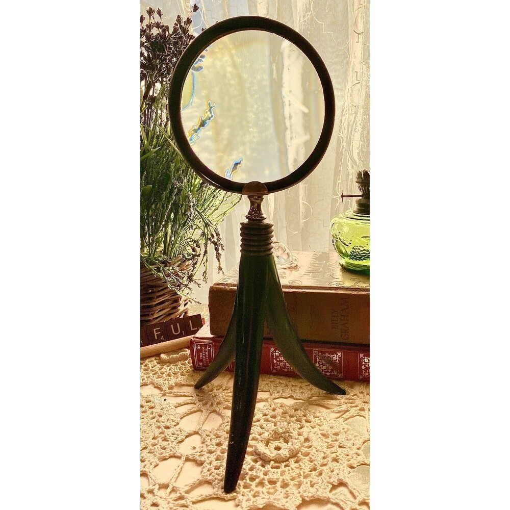 Vintage Standing Magnifying Glass w/3 Horn Tripod Base with Crome Metal 10.5”x4”